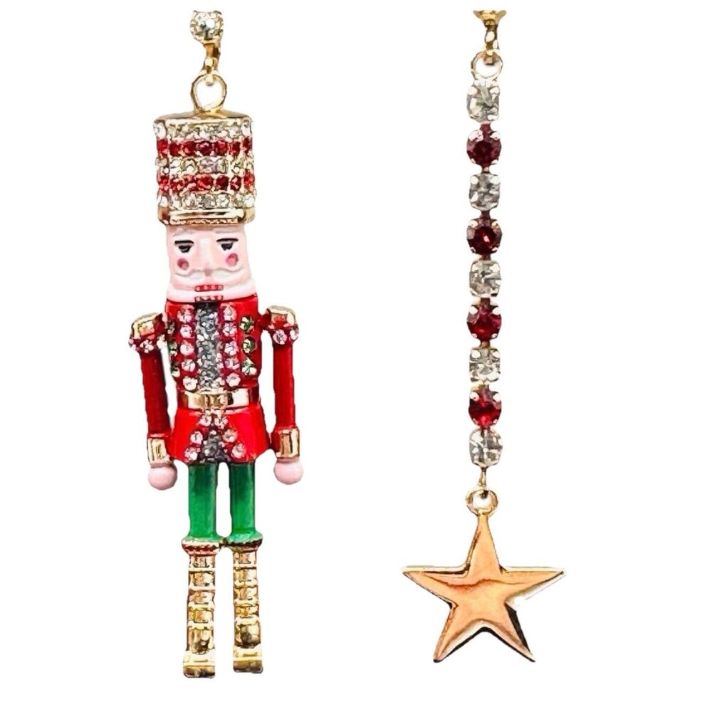Betsey Johnson Nutcracker Mismatched Bling Christmas Holiday Dangle Earrings NEW